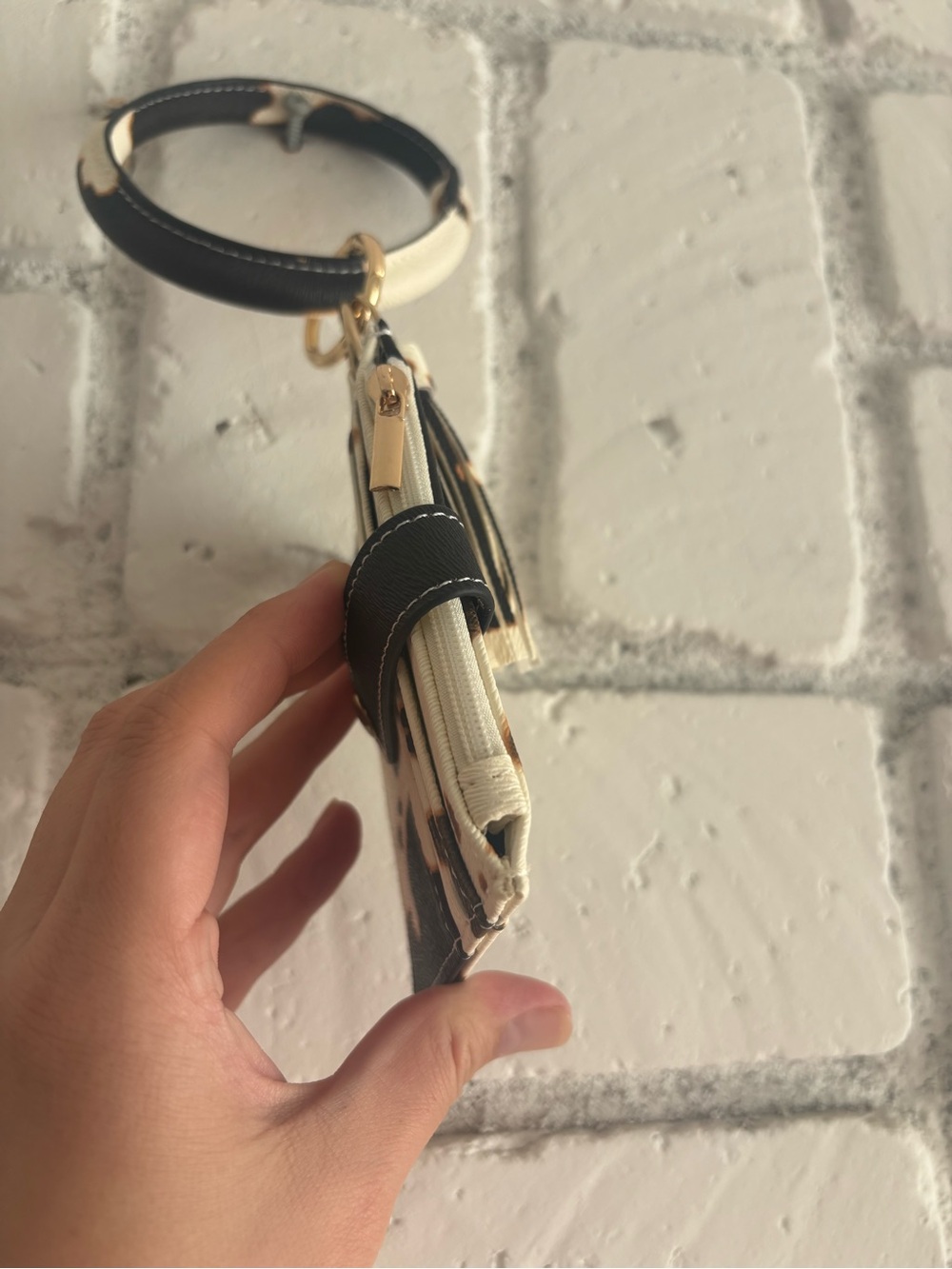 Leather Wristlet Card Holder with Tassel - Black & Cream